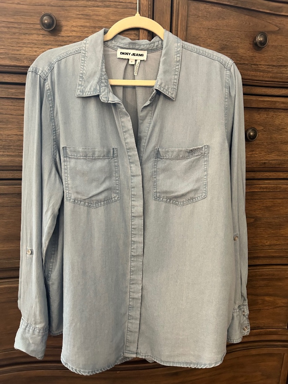 DKNY Jeans Chambray Button Front Shirt Women's XL Light Wash Lyocell Split Back